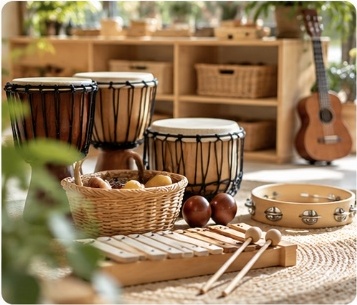Drums, a xylophone and a tambourine ready for play